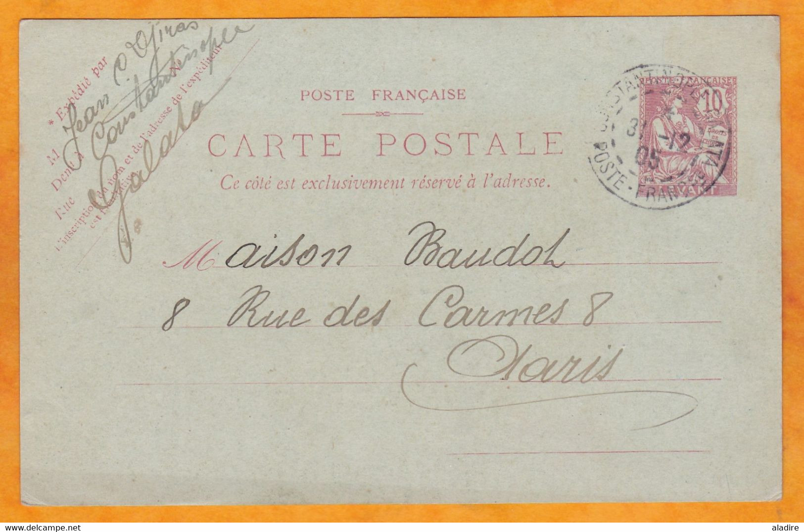 1905 - BFE - 10 C Mouchon Sur Entier Carte Postale De Constantinople Galata Vers Paris - Lettres & Documents