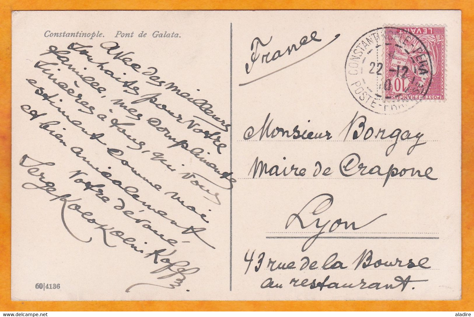 1910 - BFE - 10 C Mouchon Sur CP De Constantinople Pera Vers Lyon - Pont De Galata - Brieven En Documenten