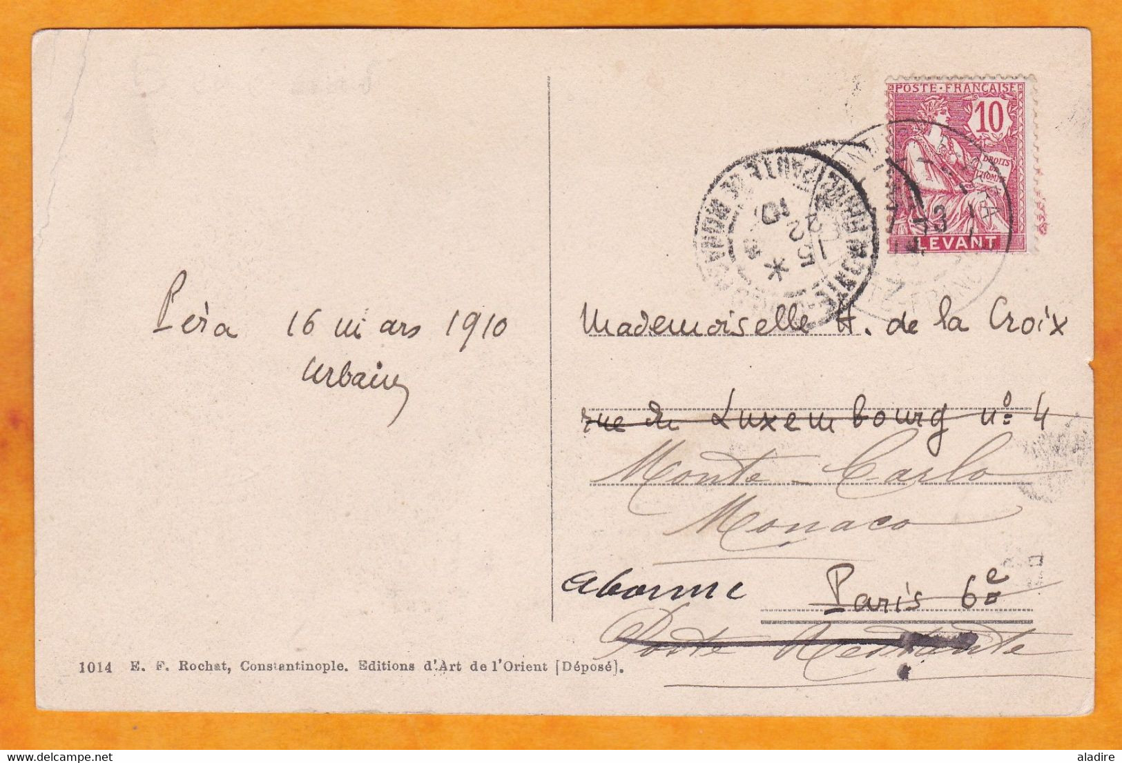 1910 - BFE - 10 C Mouchon Sur CP De Constantinople Pera Vers Monte Carlo Puis Paris - Mosquée Eyup Sultan - Lettres & Documents