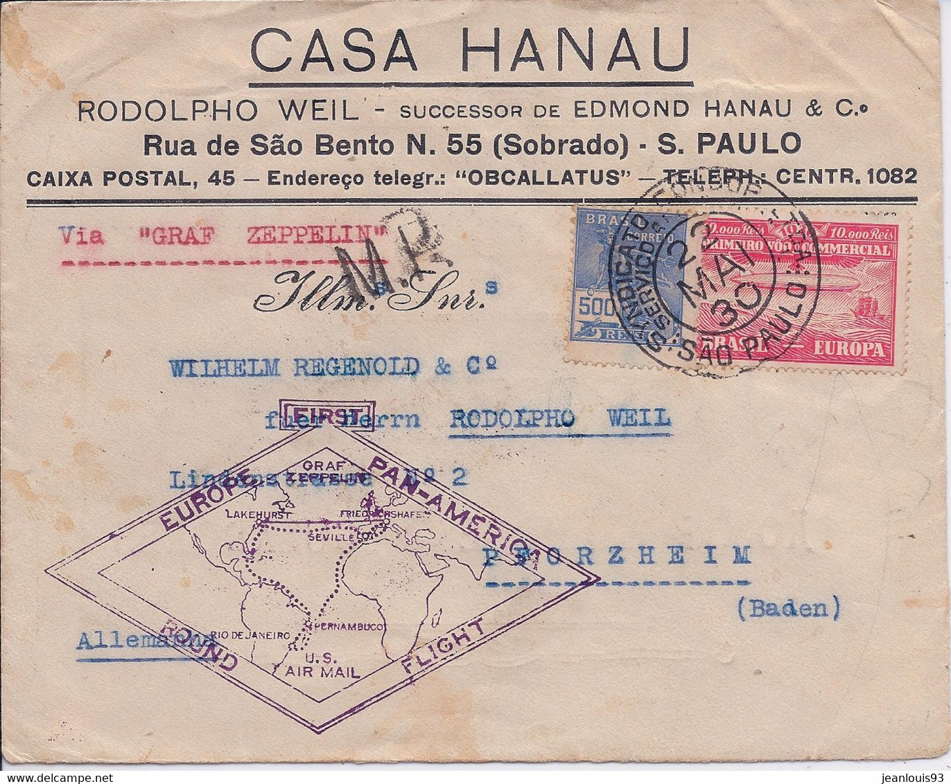 BRESIL - LETTRE VIA GRAF ZEPPELIN SAO PAULO POUR BADEN ALLEMAGNE - Poste Aérienne (Compagnies Privées)