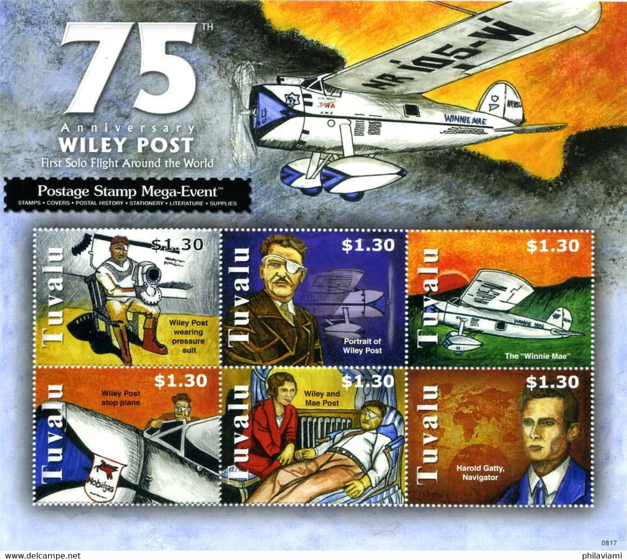 Tuvalu 2008 Wiley Post Flight Around The World 75 Years Vol Autour Du Monde Lockheed Vega-V Winnie Mae - Airplanes