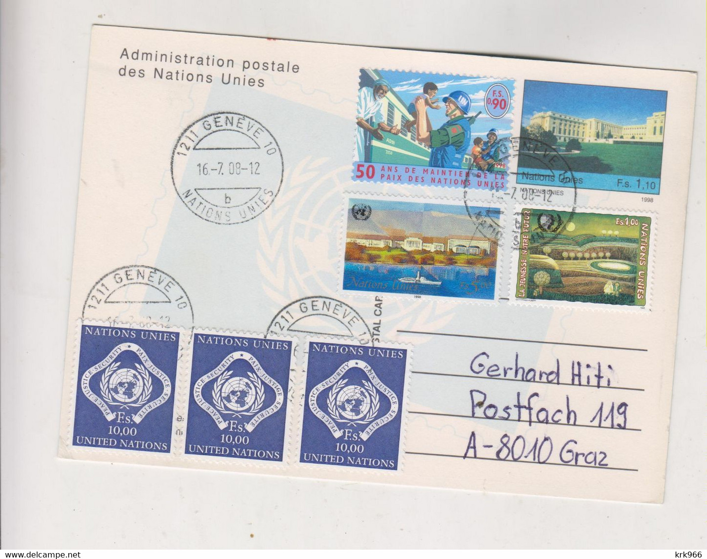 UNITED NATIONS GENEVE 2008 Nice Postcard (part Of Parcel) Used With 3 X 10 Fr Value To Austria - Covers & Documents
