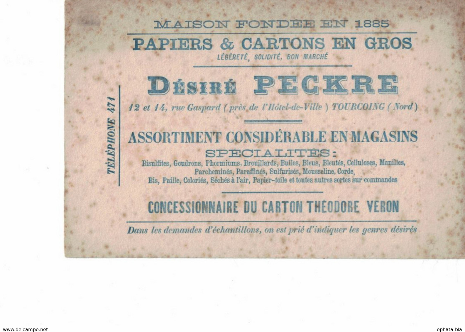 Tourcoing, Lot De 2 Buvard De La Papeterie Désiré Peckre, 12 Et 14 Rue Gaspard. Concessionnaire Théodore Veron - Papeterie