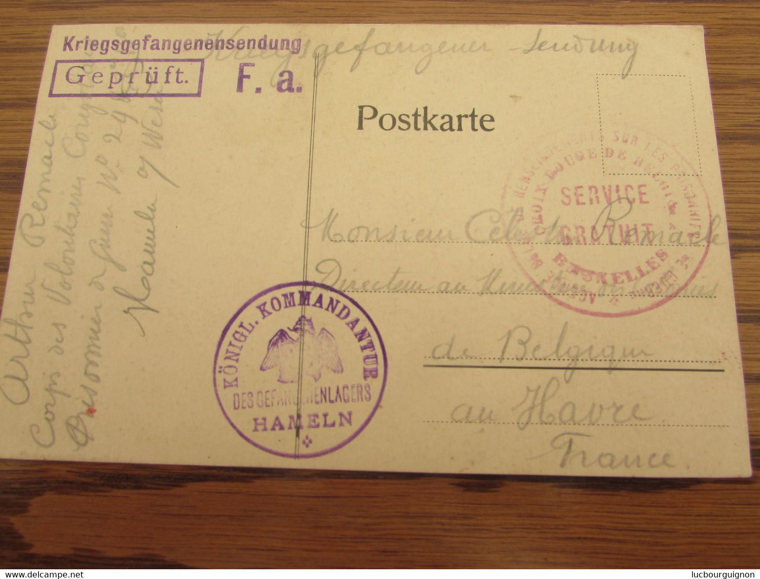 Carte Postale Oblitérée Par L'AGENCE DE RENSEIGNEMENTS SUR LES PRISONNIERS DE GUERRE. SERVICE GRATUIT BRUXELLES + Cachet - Prisoners