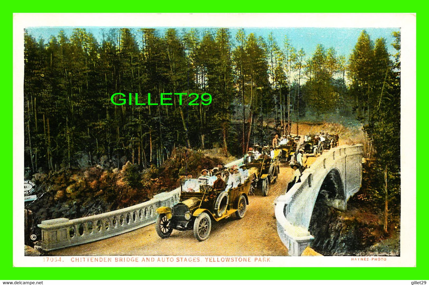 YELLOWSTONE, WY - CHITTENDEN BRIDGE AND AUTO STAGES - ANIMATED WITH PEOPLES & OLD CARS  - PUB. BY J. E. HAYNES - - Yellowstone