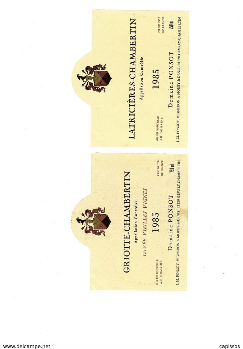 2 Etiquettes Bourgogne Domaine Ponsot Griotte-Chambertin 1985 Et Latricières-Chambertin 1985 - Andere & Zonder Classificatie