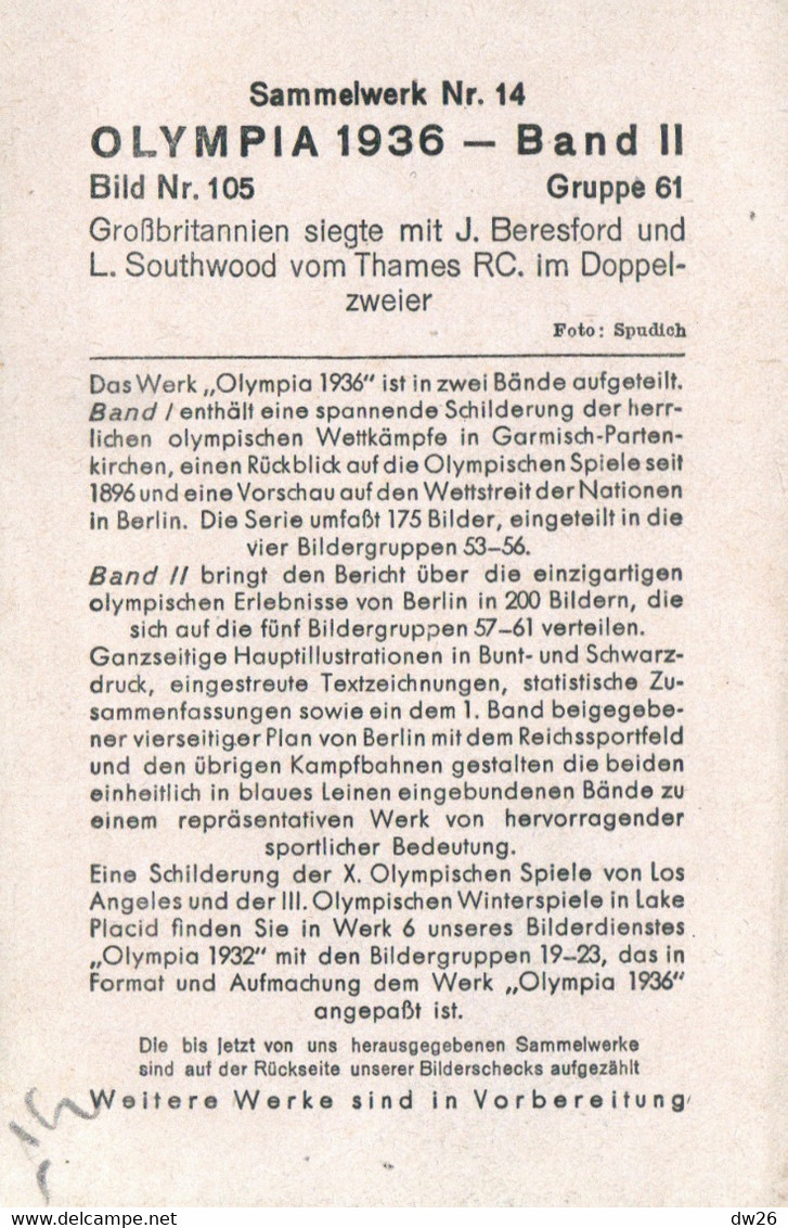 Jeux Olympiques Berlin, Olympia 1936 Band II - Sammewerk Nr 14 - Aviron, Bild Nr 105: J. Beresford Und L. Southwood - Tarjetas