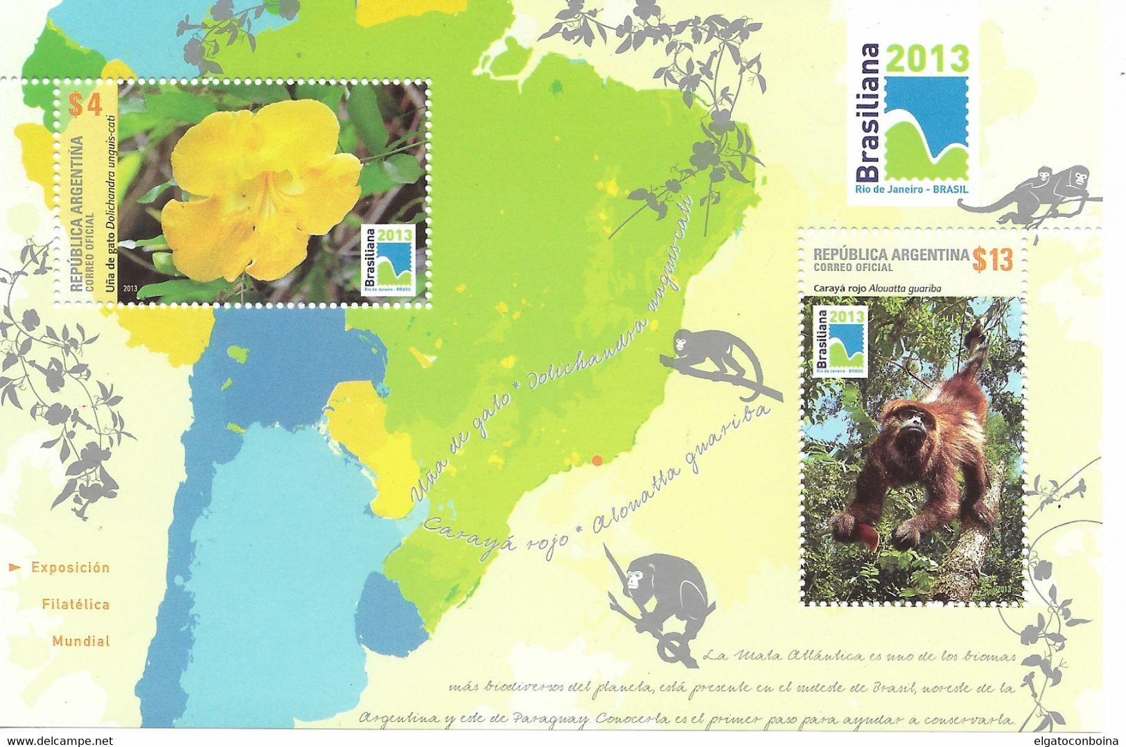 ARGENTINA 2013 FLOWERS FAUNA MAPS SOUVENIR SHEET BRASILIANA 2013 EXHIBITION MNH - Nuovi