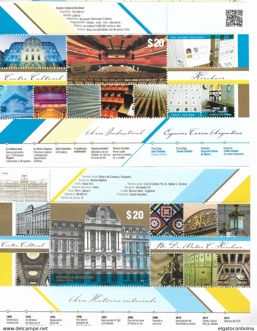 ARGENTINA 2015 POST PALACE BUILDING CULTURAL CENTER KIRCHNER 2 SOUV. SHEETS MNH - Unused Stamps