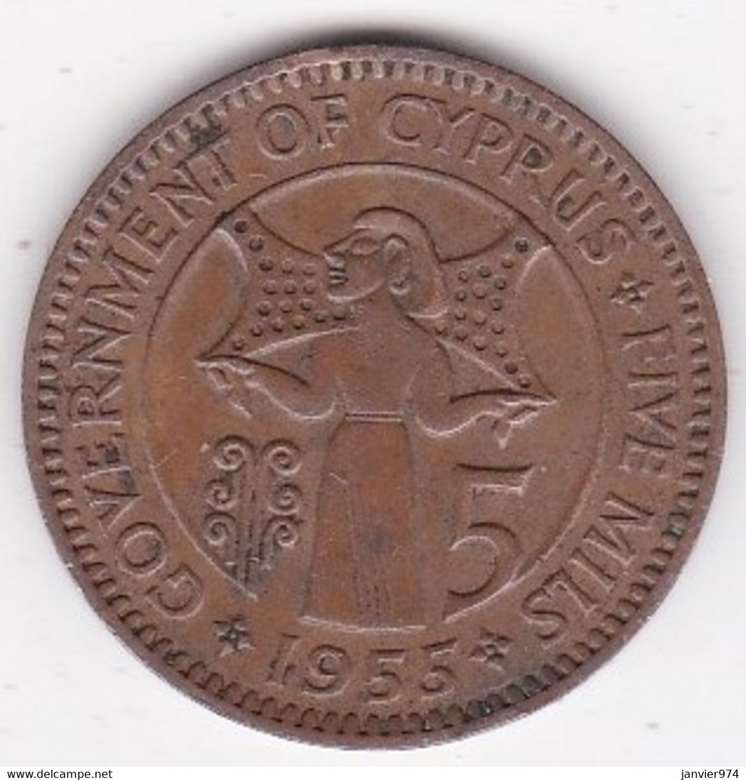 Chypre 5 Mils 1955 Elizabeth II , Bronze,  KM# 34 - Chypre