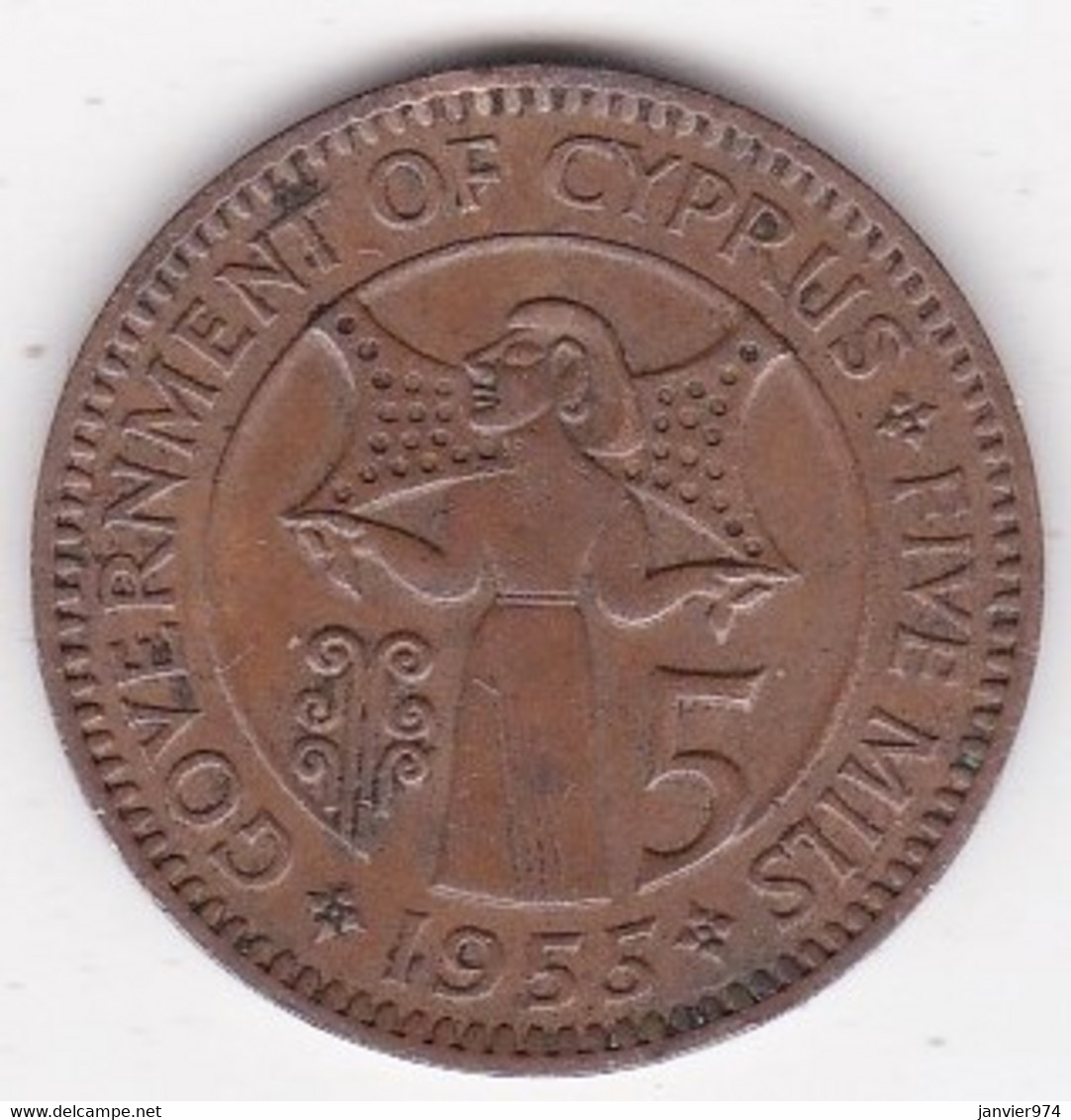 Chypre 5 Mils 1955 Elizabeth II , Bronze,  KM# 34 - Chipre
