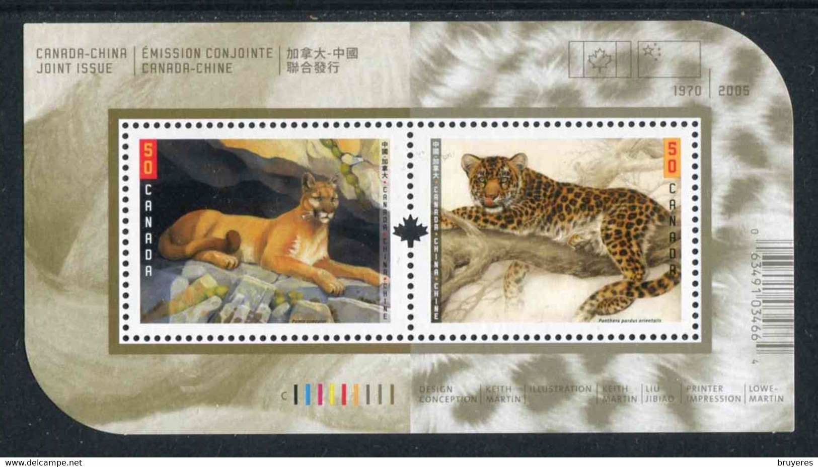 BF** De 2005 Du CANADA "Emission Conjointe Avec La CHINE - 2 X 50 C. - COUGAR Et LEOPARD DE L'AMOUR" - Blocs-feuillets