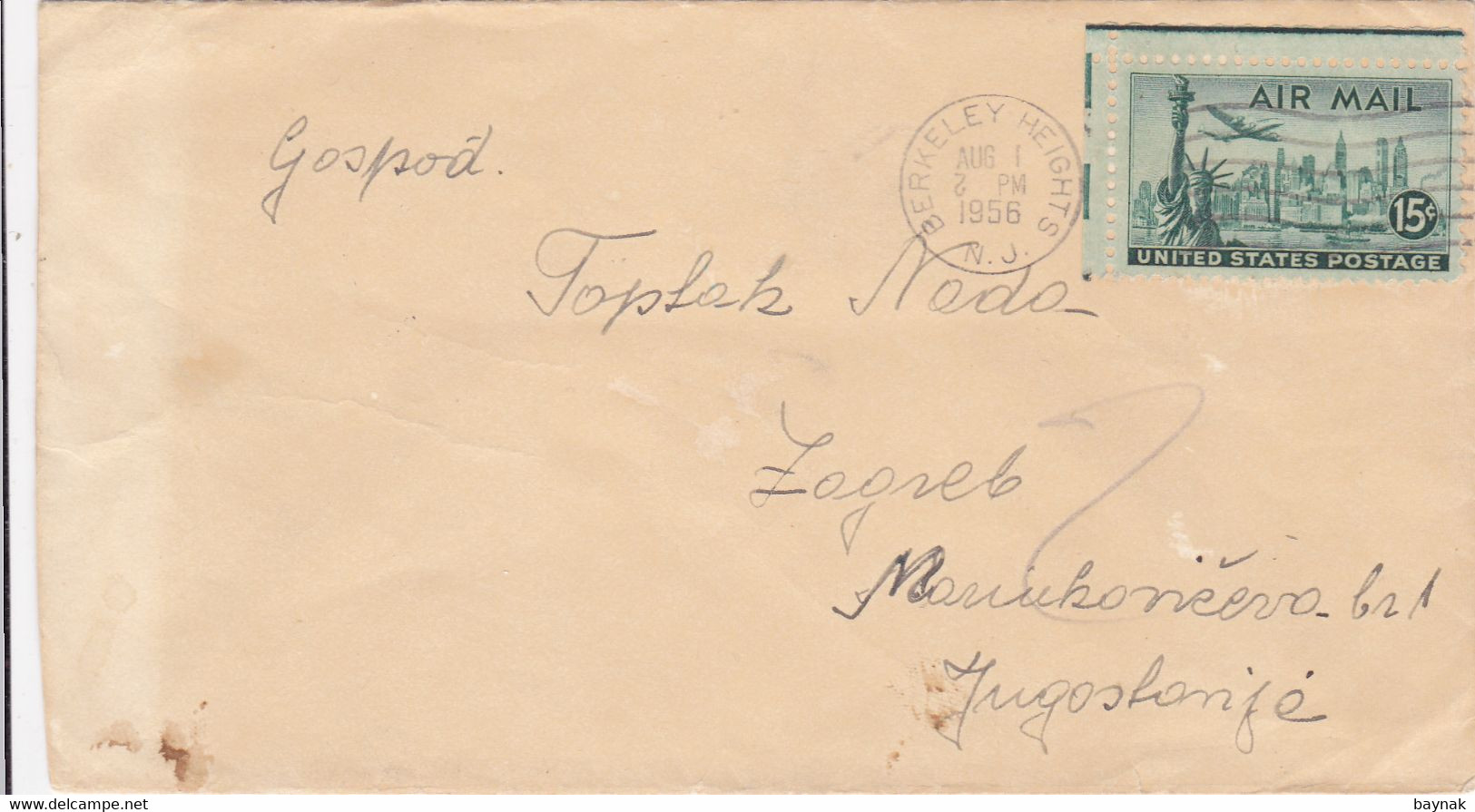 USA --  LETTRE, BRIEF  --  BERKELEY HEIGHT ( NEW JERSEY )  TO CROATIA  --  1956 - Sonstige & Ohne Zuordnung