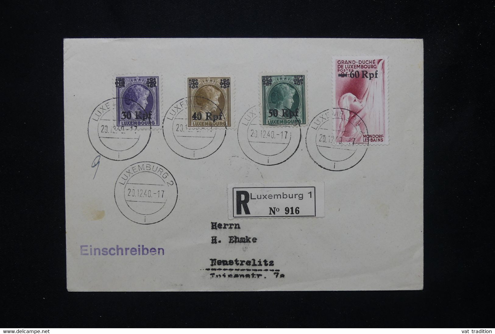 LUXEMBOURG - Enveloppe En Recommandé De Luxembourg En 1940, Affranchissement Occupation Allemande - L 77106 - 1940-1944 German Occupation