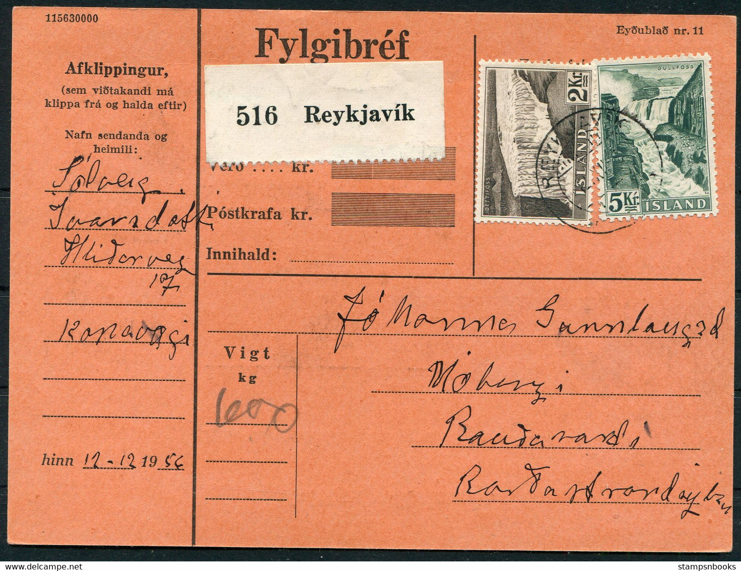 1956 Iceland Parcelcard Fylgibref Reykjavik / Patreksfjordur - Storia Postale