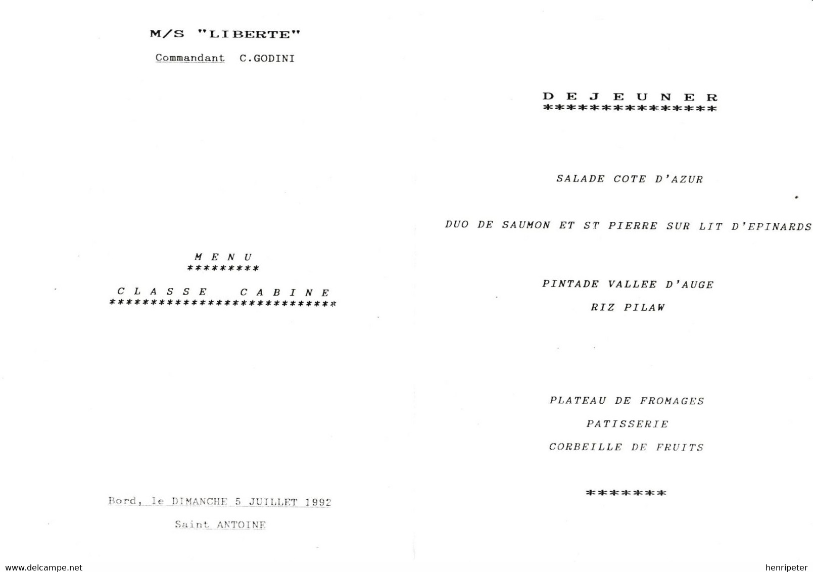 Menu De La Classe Cabine à Bord Du Liberté - SNCM FERRYTERRANÉE - Déjeuner - Saint Antoine - Dimanche 5 Juillet 1992 - Menu