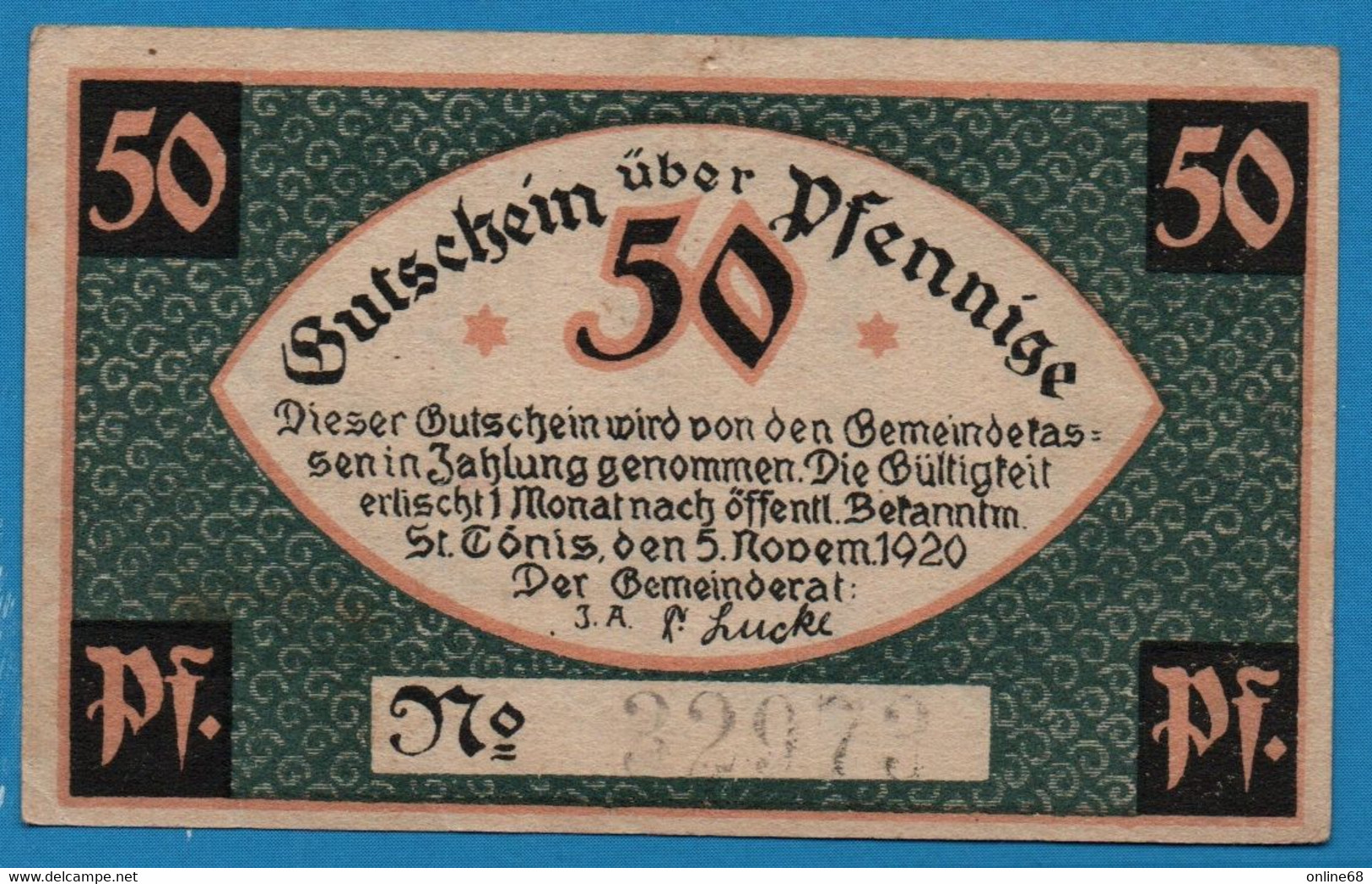 DEUTSCHLAND St. Tönis Gemeinde 50 Pfennige 	05/11/1920 No 32973 - [11] Local Banknote Issues