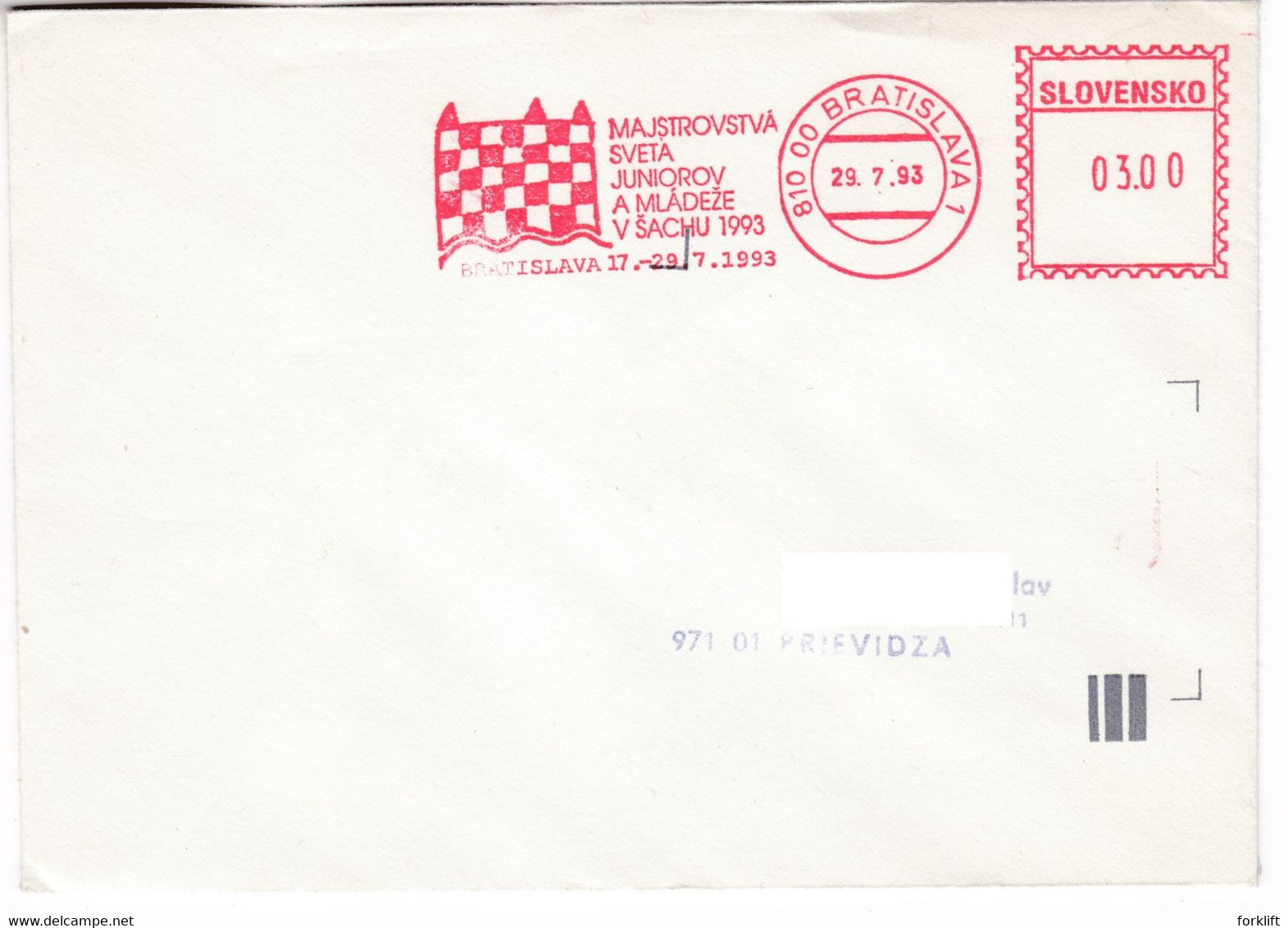 K264 Slovakia Red Meter Freistempel EMA 1993 BRATISLAVA Junior World Chess Championship Championnat Du Monde D'échecs - Cartas & Documentos