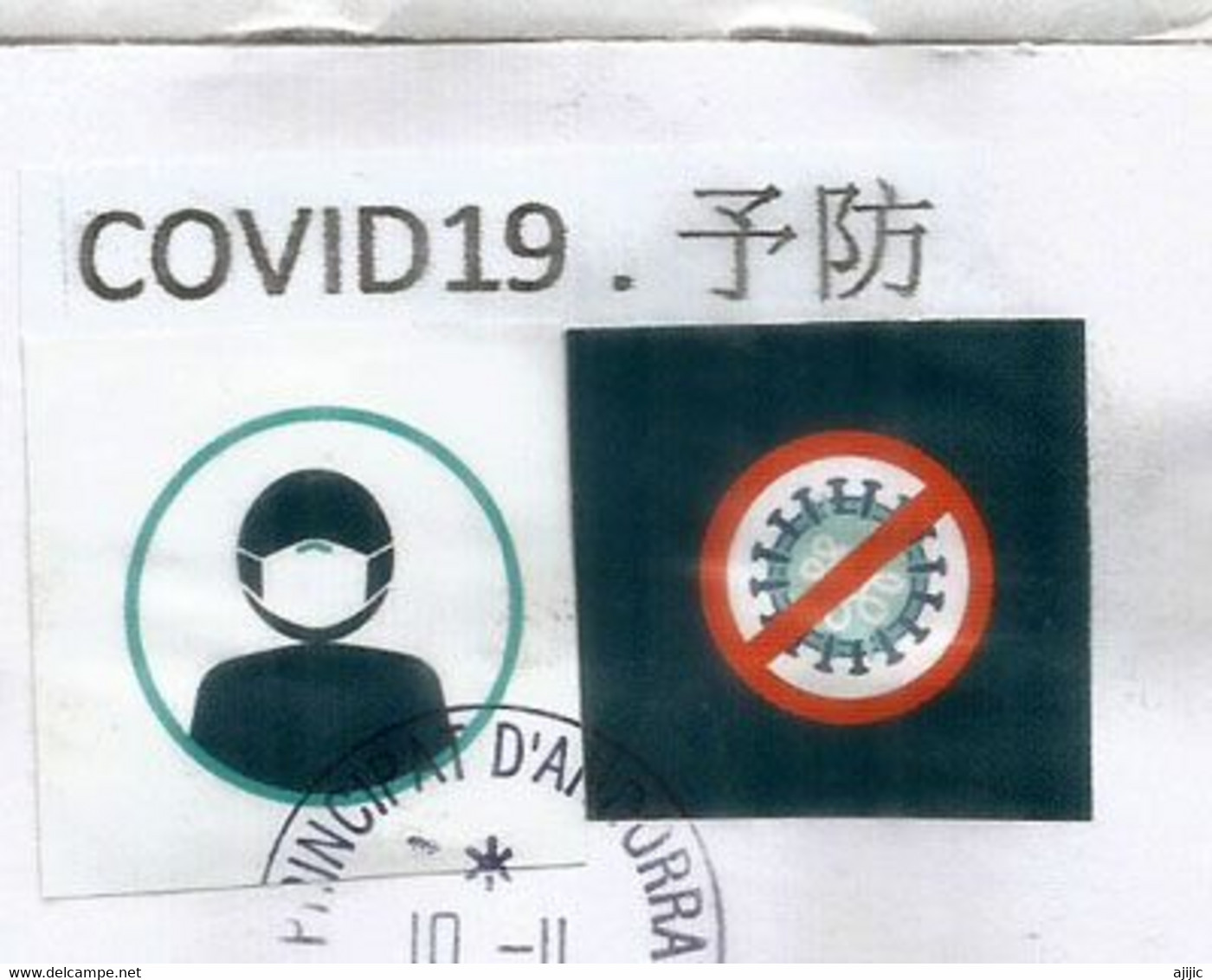 Lettre Du Japon (Poneys) Postée Pendant épidémie Covid19, Avec Vignette Locale Prevention Coronavirus,adressée Andorra - Brieven En Documenten