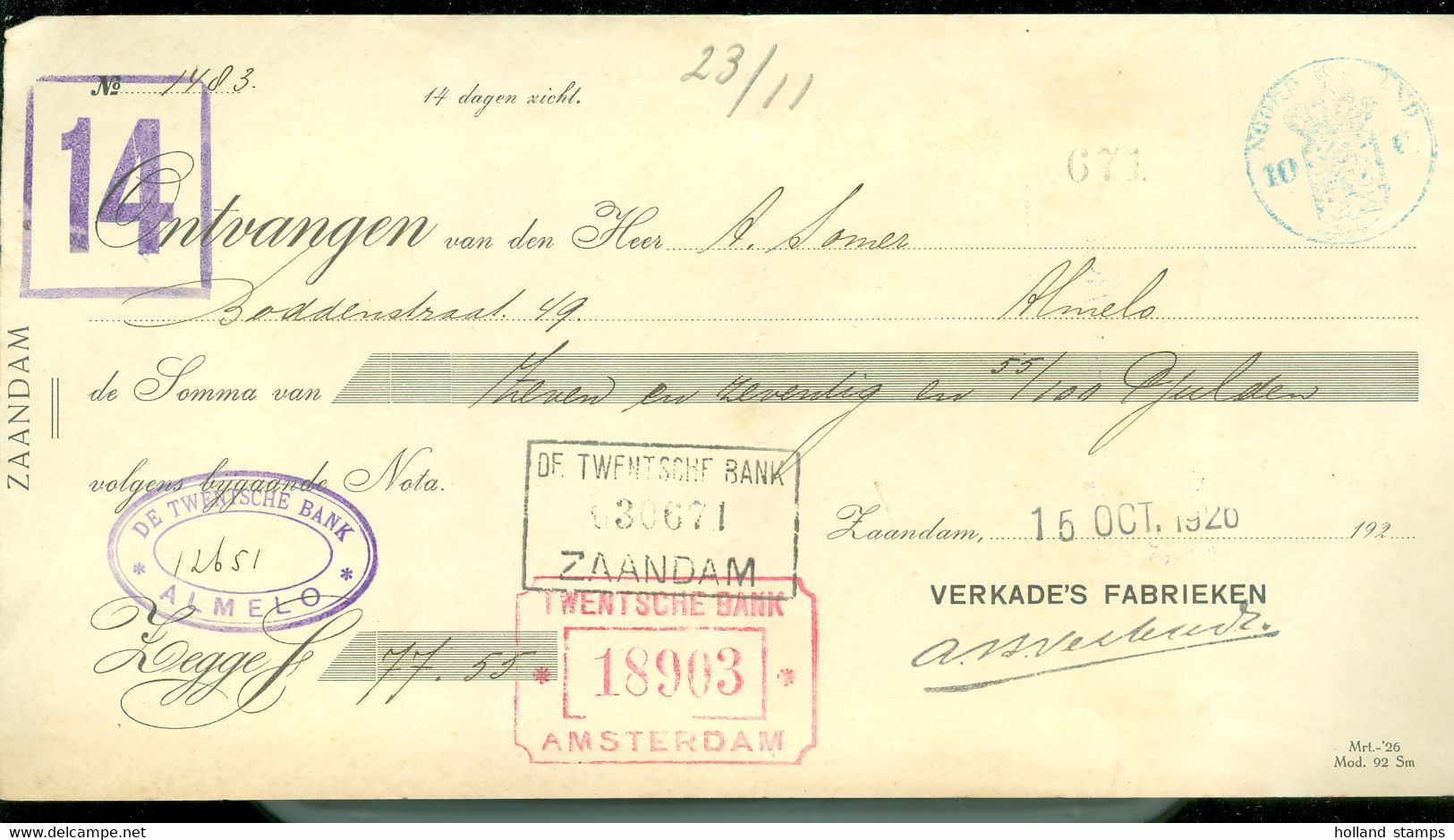 KWITANTIE MET BELASTINGZEGEL Als Stempel NOORD HOLLAND Uit 1926 Van TWENTSCHE BANK ZAANDAM + ALMELO + AMSTERDAM (11.850H - Fiscales