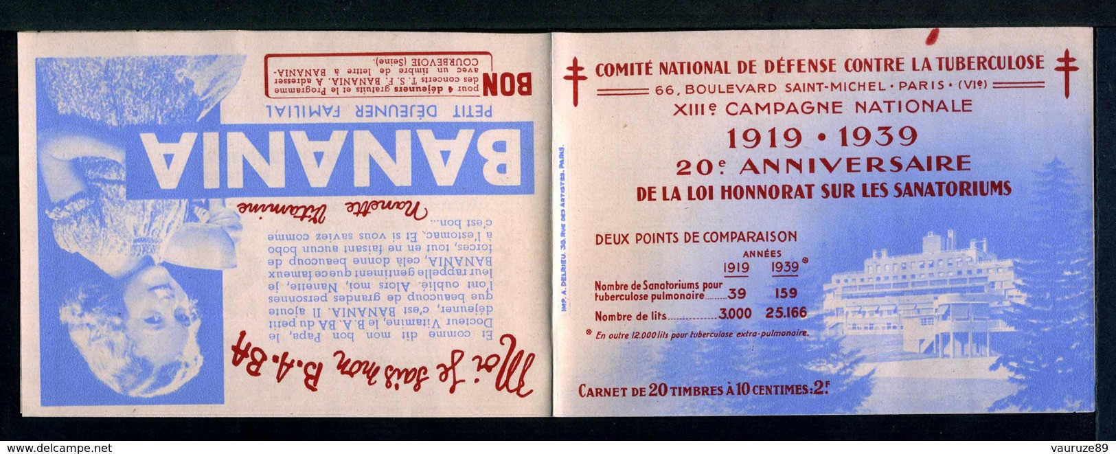 Carnet De 1939  - Tuberculose - Antituberculeux - N° 39B*SI*2  BANANIA-SIMMONS-jouets AUTO-SKIFF-TETRA-ALCOOL-LOTERIE - Blocchi & Libretti