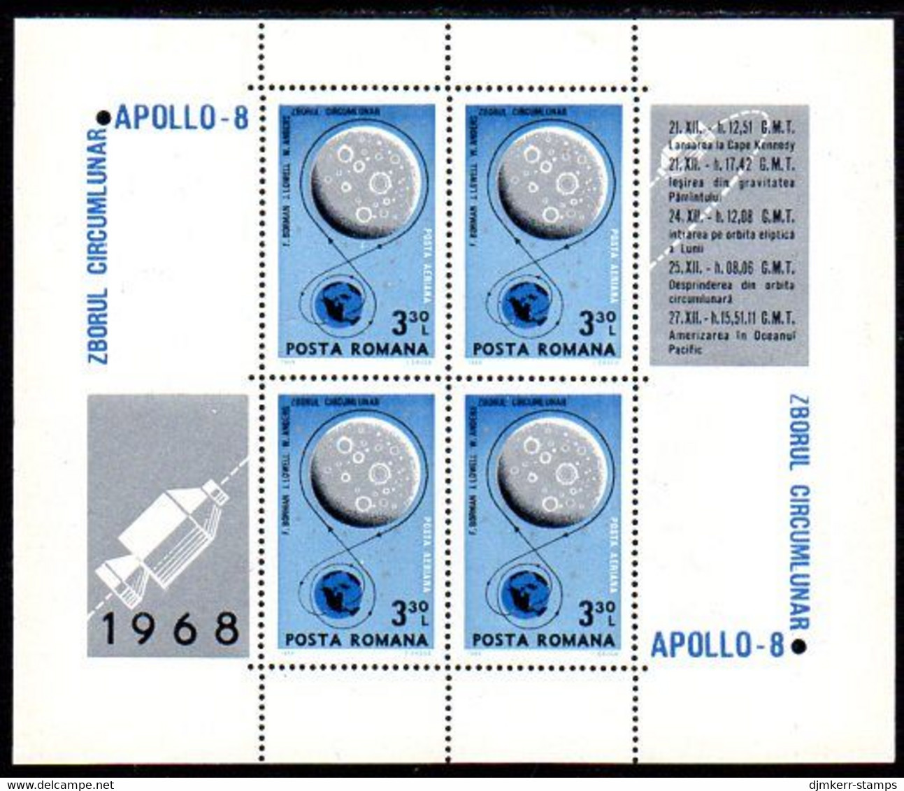 ROMANIA 1969 Apollo 8 Moon Landing  Block  MNH / **.  Michel Block 69 - Blokken & Velletjes