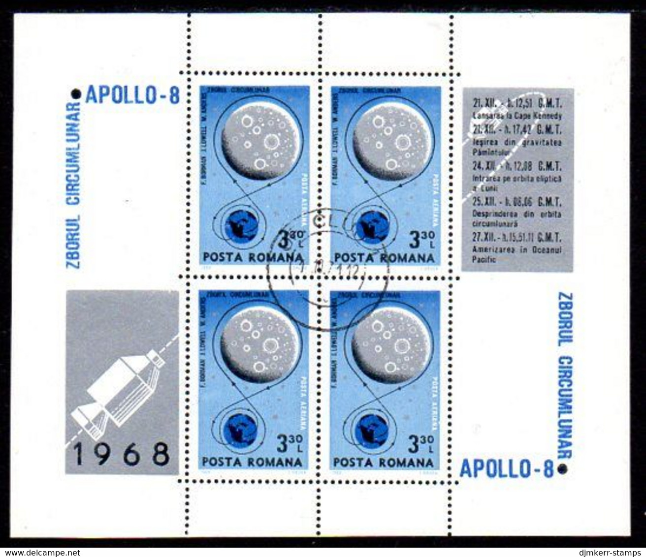 ROMANIA 1969 Apollo 8 Moon Landing  Block  Used.  Michel Block 69 - Gebraucht