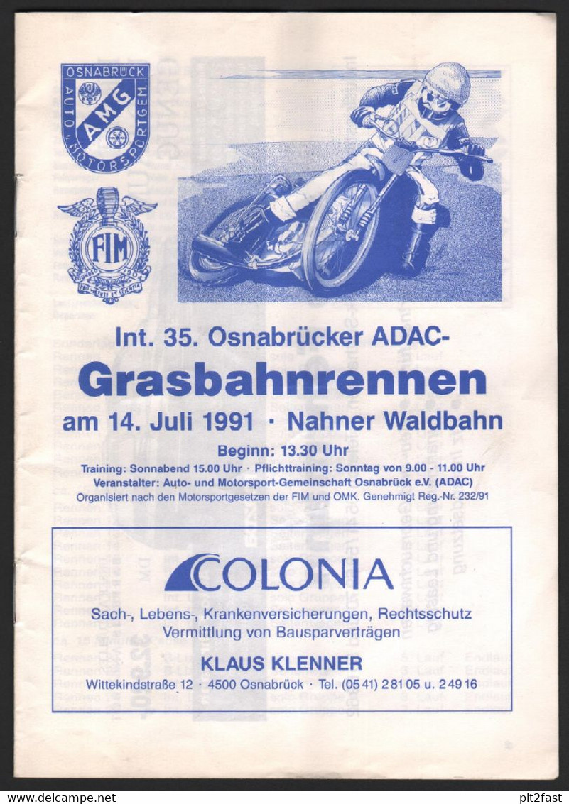 Grasbahnrennen Osnabrück 14.07.1991 , Speedway , Programmheft / Programm / Rennprogramm !!! - Motos