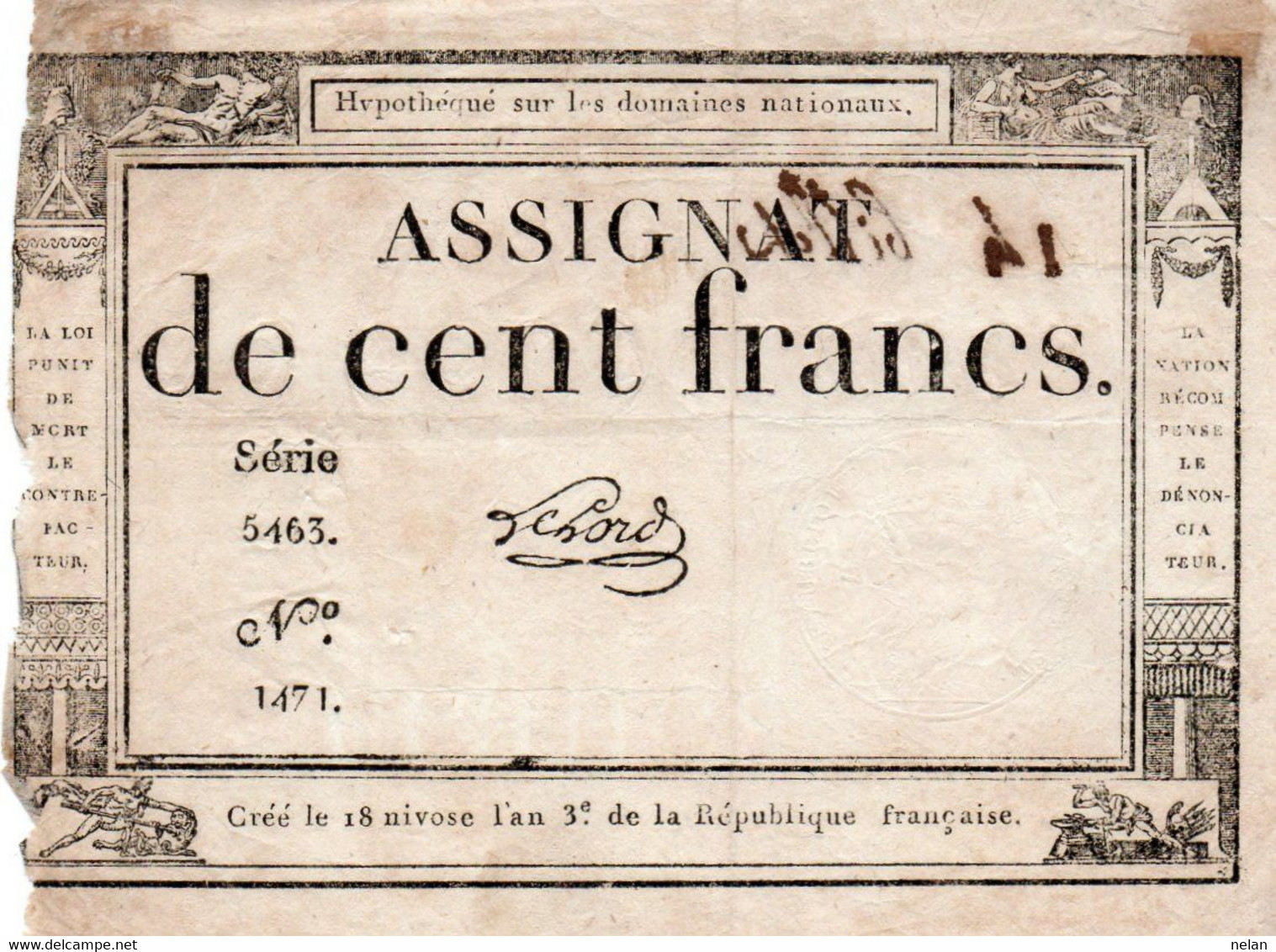 FRANCIA  ASSIGNAT 100 FRANCS 1795 P-A78 - ...-1889 Circulated During XIXth