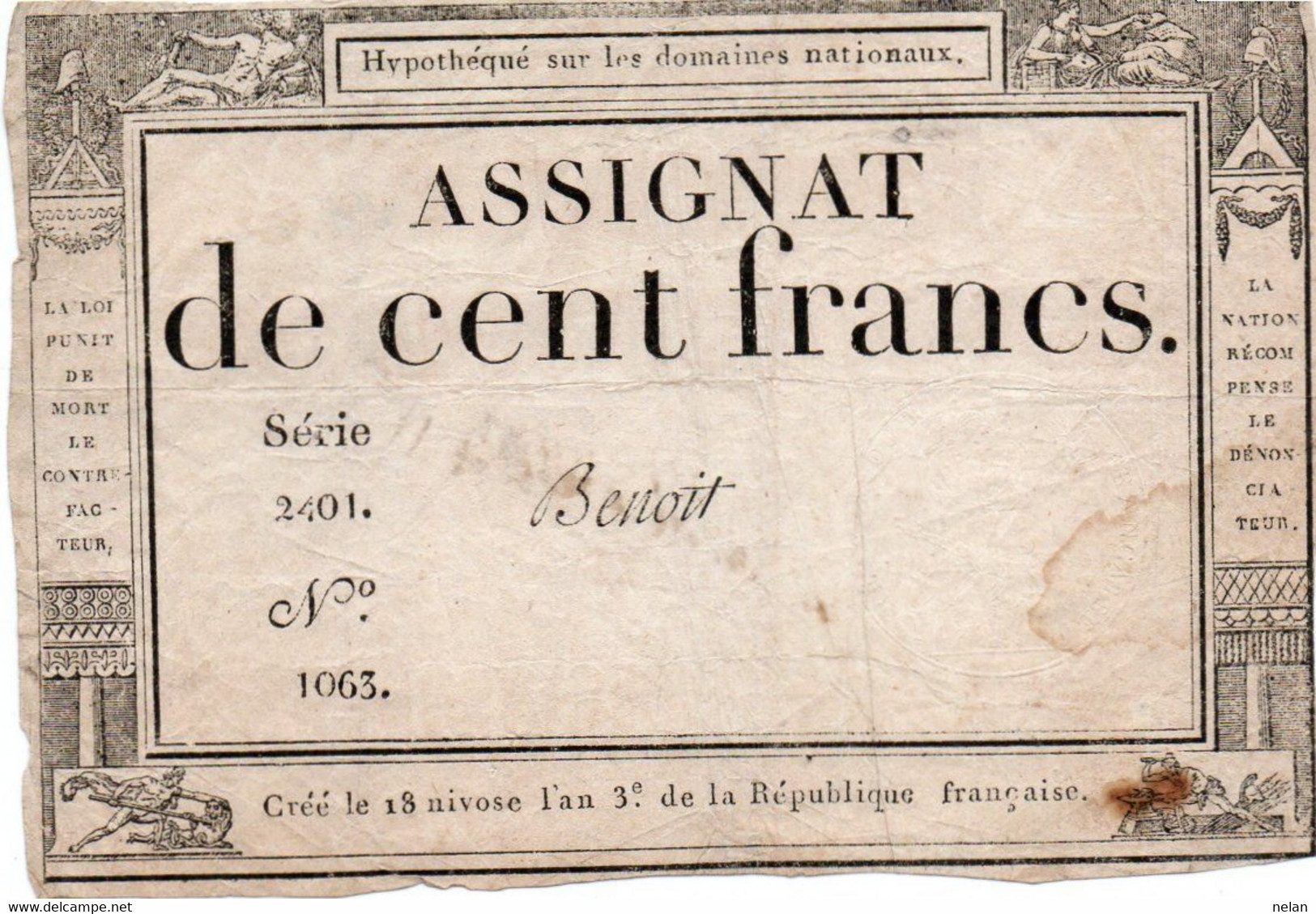 FRANCIA  ASSIGNAT 100 FRANCS 1795 P-A78 - ...-1889 Circulated During XIXth