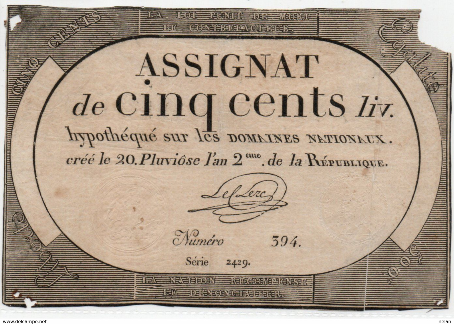 FRANCIA  ASSIGNAT 500 LIVRES 1794 P-A77 - ...-1889 Anciens Francs Circulés Au XIXème