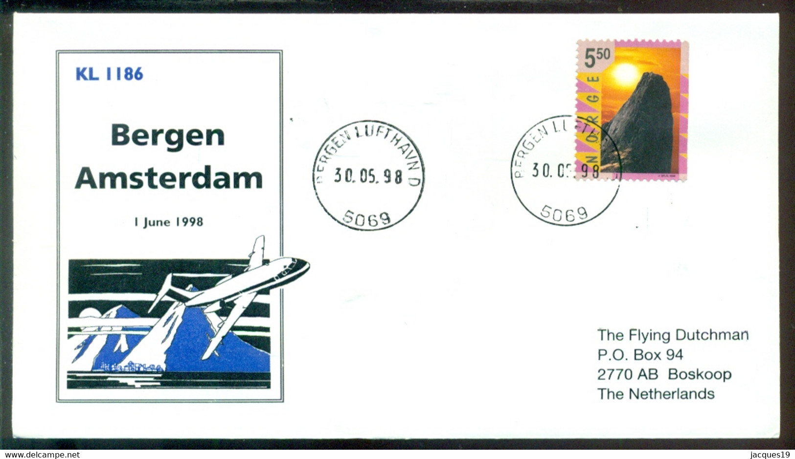 Norway 1998 Cover First Scheduled KLM Cityhopper Flight Bergen - Amsterdam VH A 1189 - Cartas & Documentos