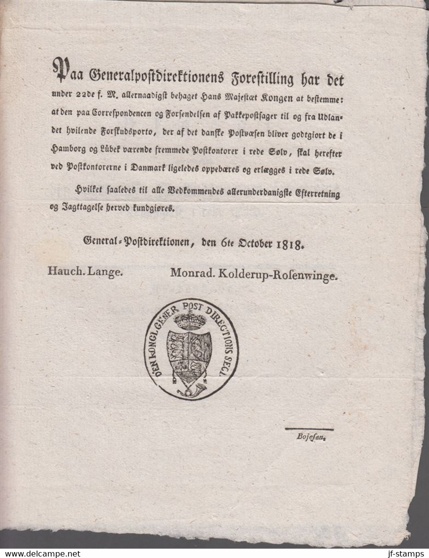 1818. DANMARK. Beautiful PLACAT, Angaaende Den Udenrigste Forskudsportoes Fremtidige ... () - JF410168 - ...-1851 Prefilatelia