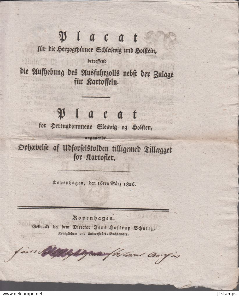 1826. DANMARK. Beautiful Placat For Hertugdommene Slesvig Og Holstein Angående Ophæve... () - JF410169 - ...-1851 Prefilatelia