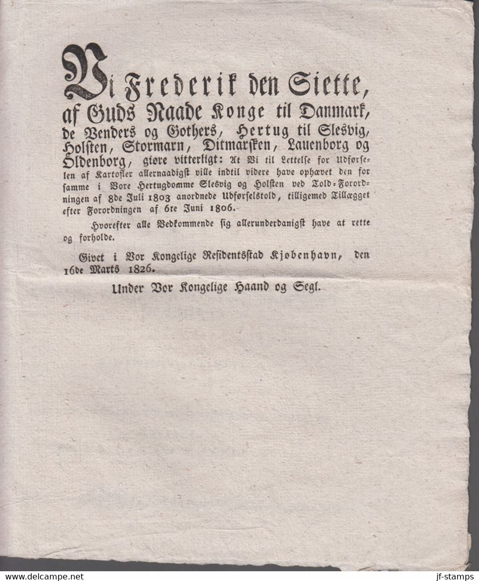 1826. DANMARK. Beautiful Placat For Hertugdommene Slesvig Og Holstein Angående Ophæve... () - JF410169 - ...-1851 Vorphilatelie