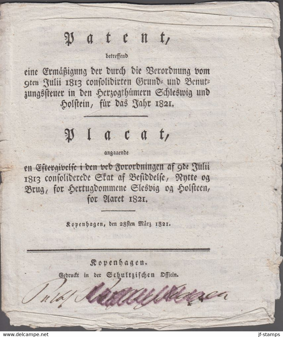 1821. DANMARK. Placat Angaaende En Eftergivelse I Den Ved Forordningen Af 9de Julii 1... () - JF410171 - ...-1851 Préphilatélie