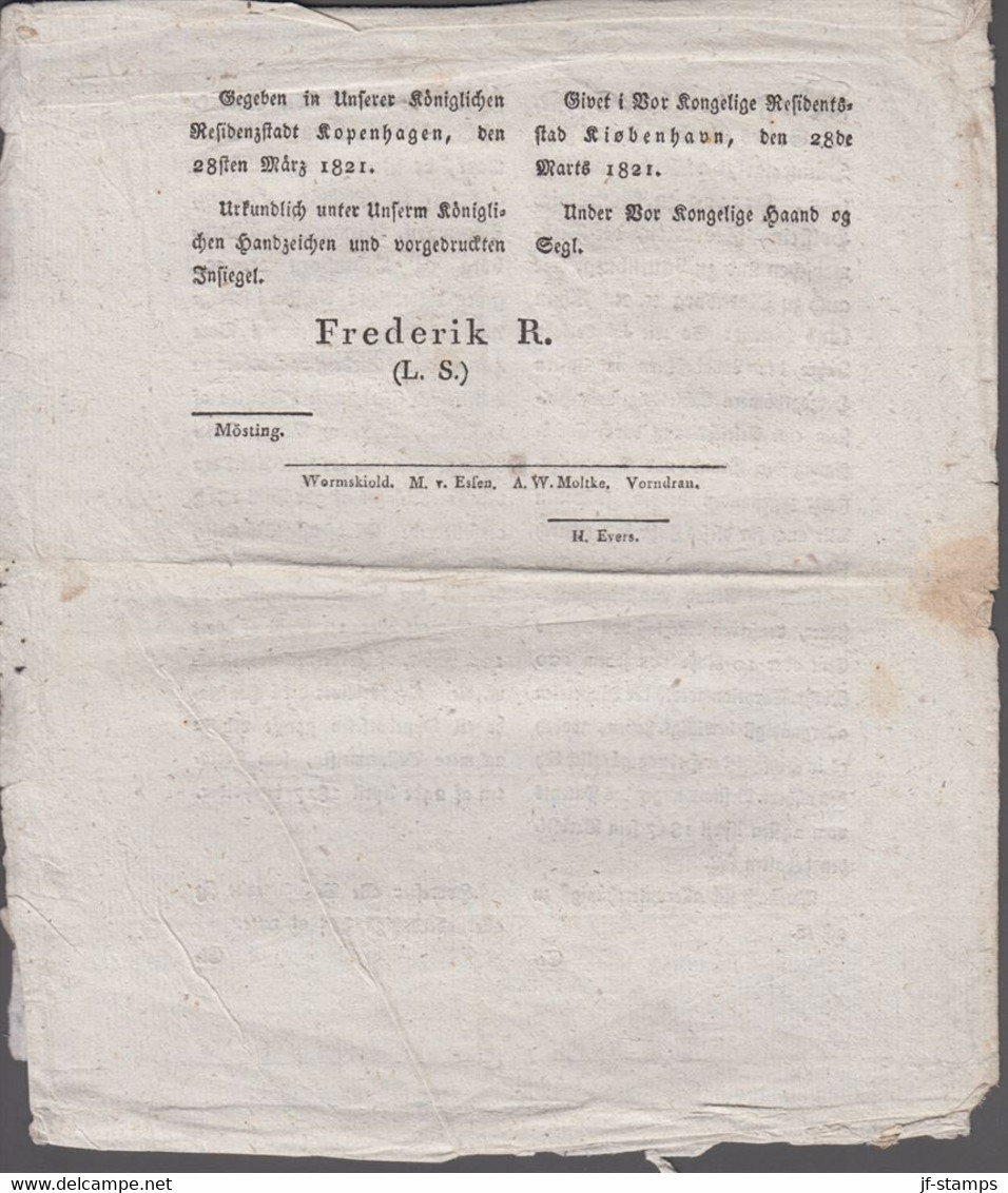 1821. DANMARK. Placat Angaaende En Eftergivelse I Den Ved Forordningen Af 9de Julii 1... () - JF410171 - ...-1851 Vorphilatelie