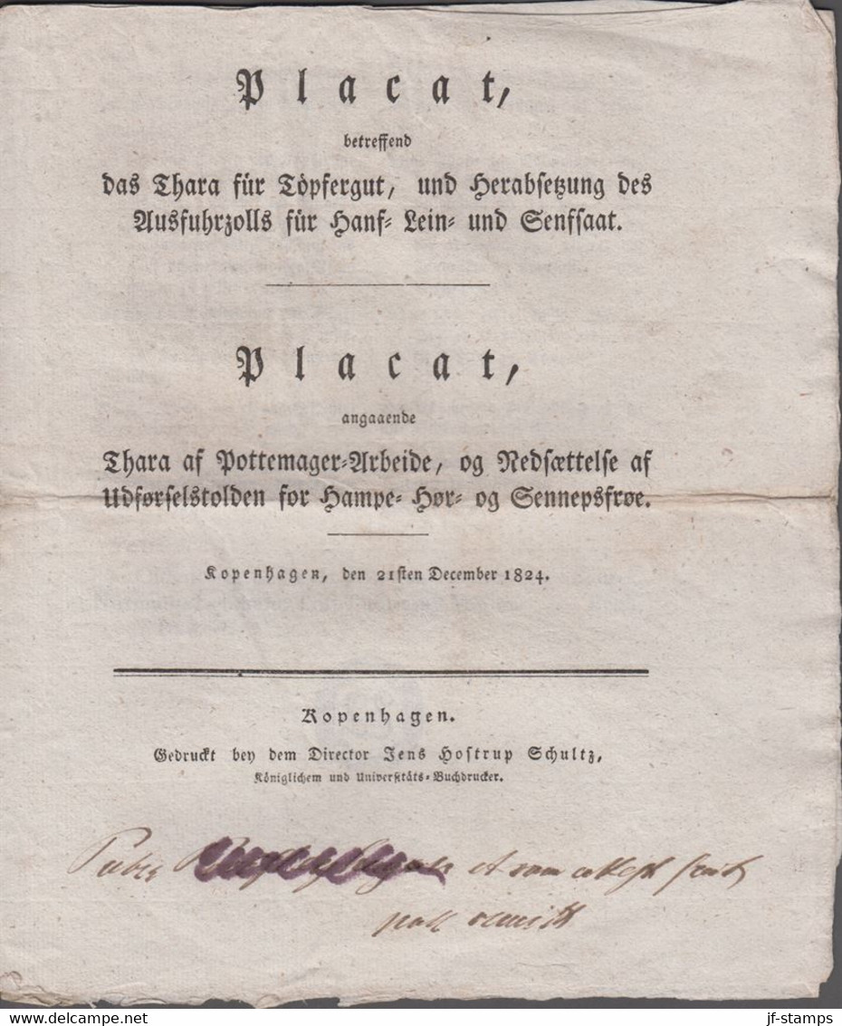 1824. DANMARK. Placat Angaaende  Thara Af Pottemager-Arbeide Og Nedsættelse Af Udførs... () - JF410175 - ...-1851 Prefilatelia