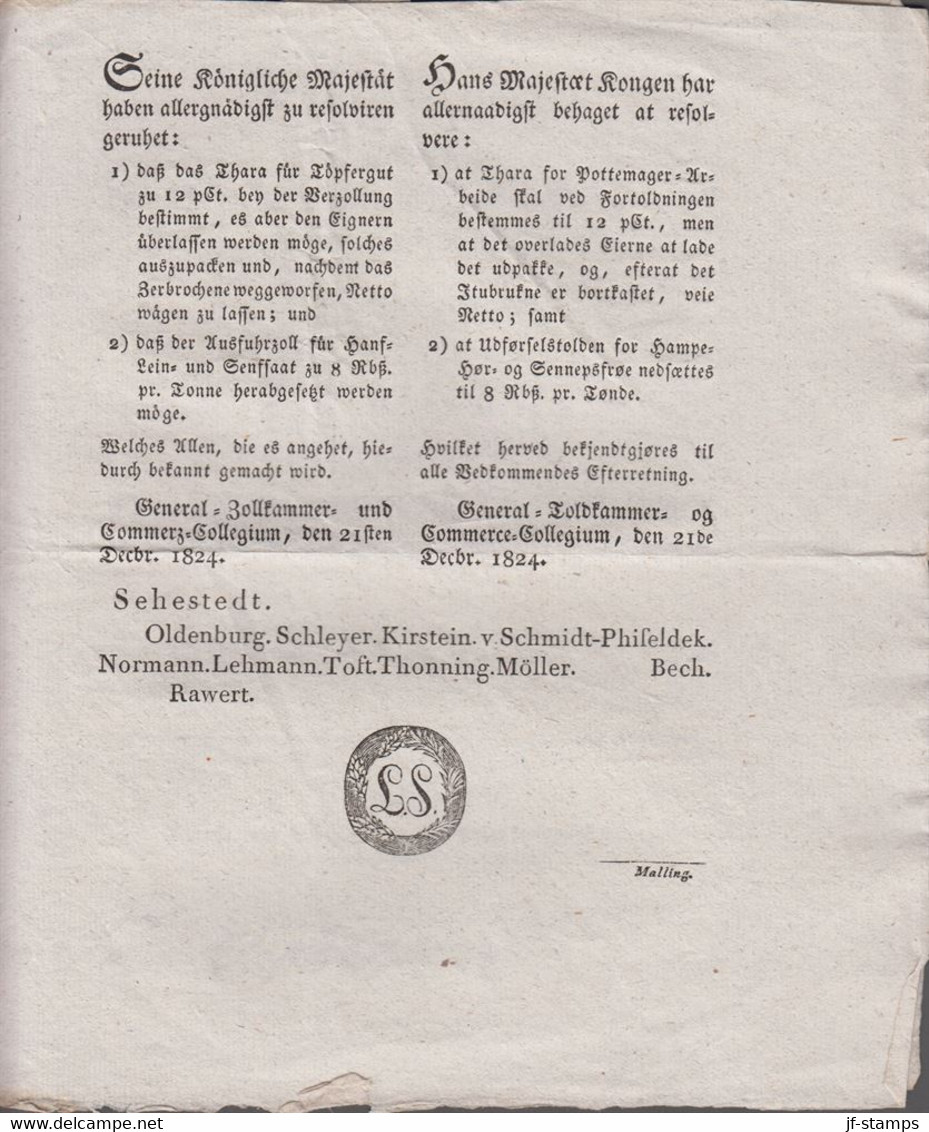 1824. DANMARK. Placat Angaaende  Thara Af Pottemager-Arbeide Og Nedsættelse Af Udførs... () - JF410175 - ...-1851 Préphilatélie