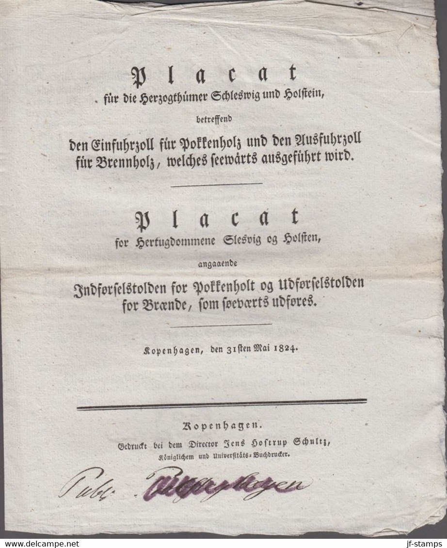 1824. DANMARK. Placat Angaaende Indførselstolden For Pokkerholt Og Udførselstolden Fo... () - JF410176 - ...-1851 Préphilatélie