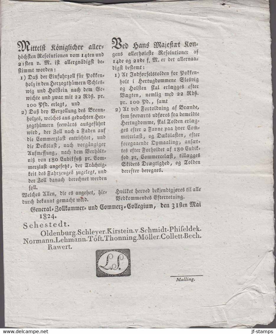 1824. DANMARK. Placat Angaaende Indførselstolden For Pokkerholt Og Udførselstolden Fo... () - JF410176 - ...-1851 Préphilatélie