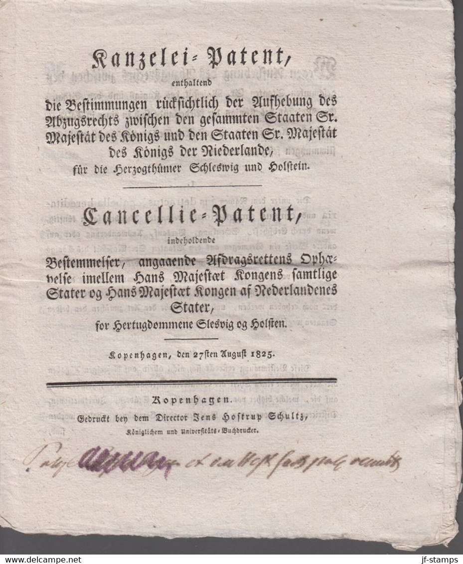 1825. DANMARK. Cancellie-Placat Indeholdende Bestemmelser Angaaende Afdragsrettens Op... () - JF410178 - ...-1851 Préphilatélie