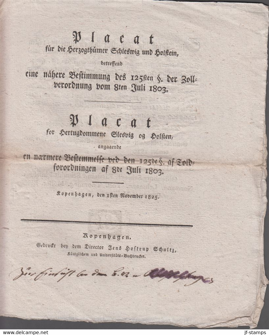 1825. DANMARK. Placat For Hertugdommene Slesvig Og Holstein Angaaende  En Nærmere Bes... () - JF410179 - ...-1851 Prefilatelia