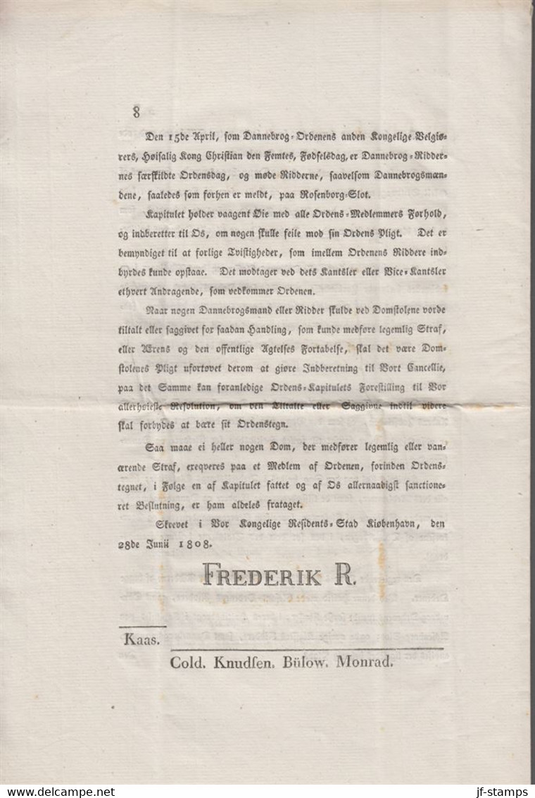 1808. DANMARK. Fine Open Royal Letter Kongeligt Aabent Brev Angaaende Dannebrog-Orden... () - JF410183 - ...-1851 Prephilately