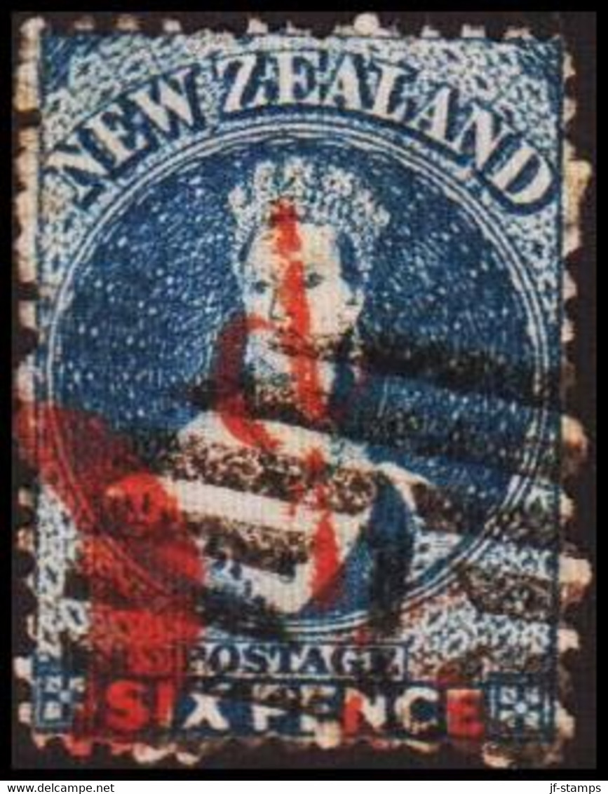 1871-1872. New Zealand.  Victoria SIX PENCE.  Perforated 12½. Red Cancel D 1. Unusual... (MICHEL 34A) - JF410312 - Used Stamps