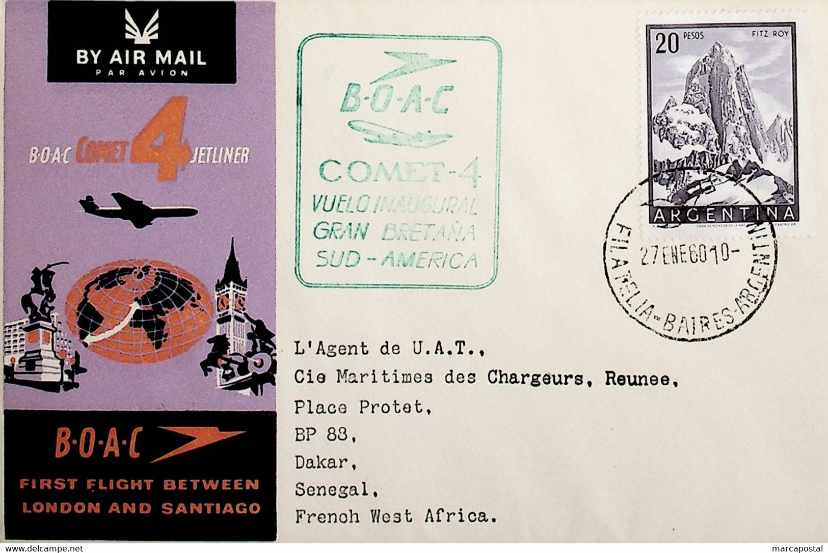 1960 Argentina 1st BOAC Flight London - Santiago (Link Between Buenos Aires And Dakar - Return) - Luftpost