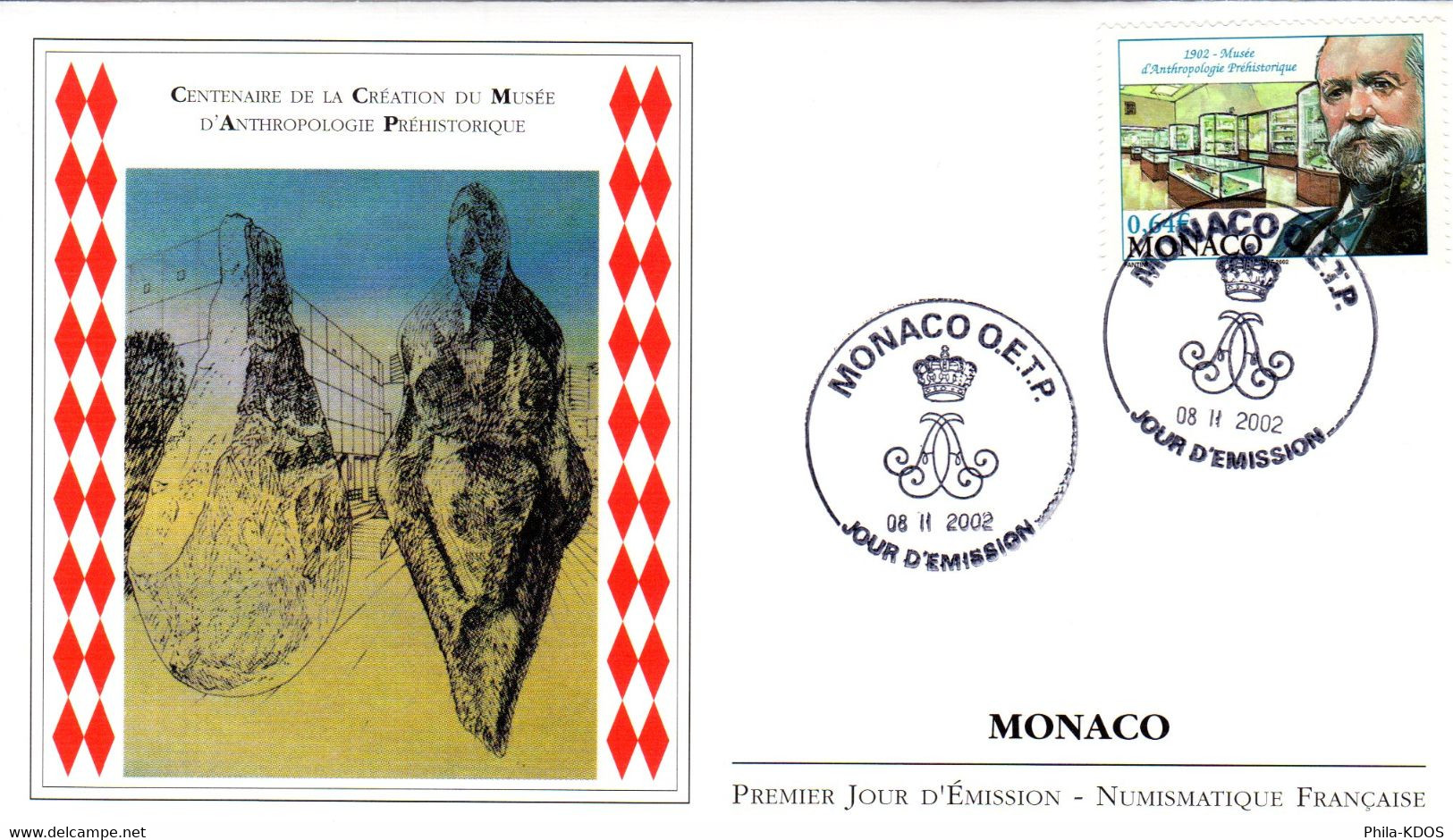 &#9989; " 100 ANS DU MUSEE D'ANTHROPOLOGIE PREHISTORIQUE " Sur Enveloppe 1er Jour De 2002 De Monaco. N° YT 2339. FDC - Preistoria
