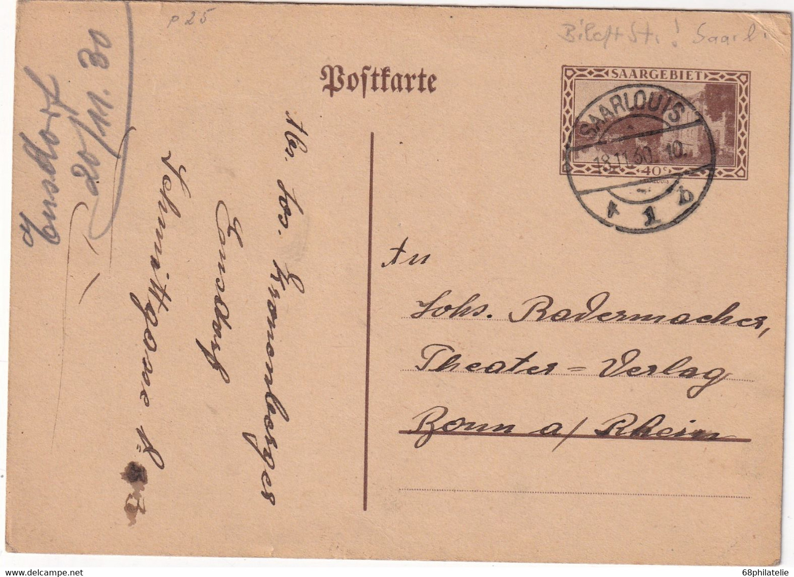 SAARGEBIET 1930    ENTIER POSTAL/GANZSACHE/POSTAL STATIONARY CARTE DE SAARLOUIS - Postal Stationery