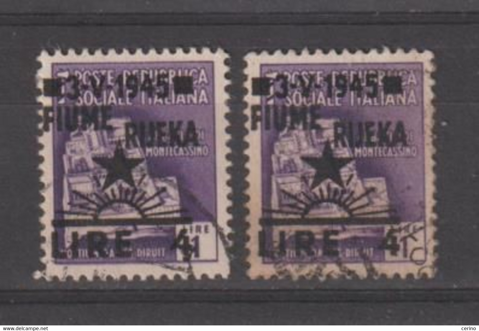 FIUME - OCC. JUGOSLAVA:  1945  SOPRASTAMPATI  -  £. 4 / £. 1  VIOLETTO  US. -  RIPETUTO  2  VOLTE  -  SASS. 15 - Occup. Iugoslava: Fiume