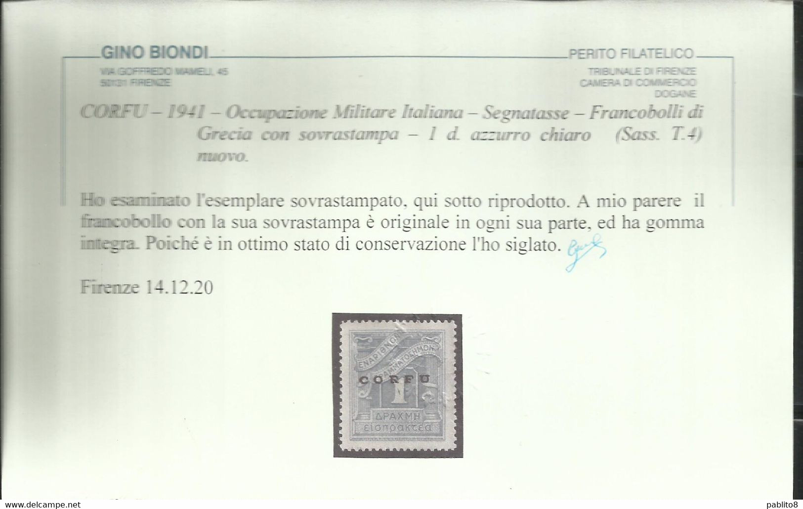 CORFÙ OCCUPAZIONE GRECA 1941 SEGNATASSE POSTAGE DUE TASSE TAXE 1d MNH CERTIFICATO - Corfu